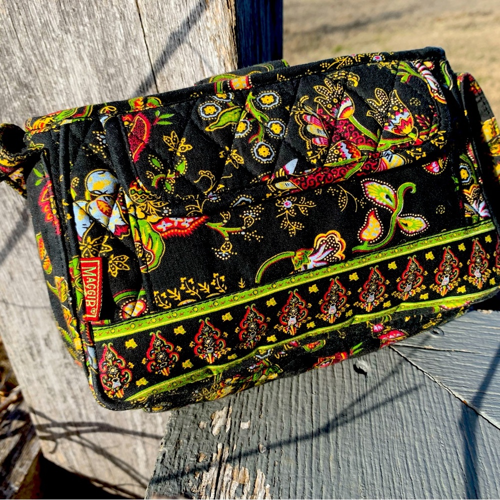 Maggi B floral print fabric purse navy with green accents